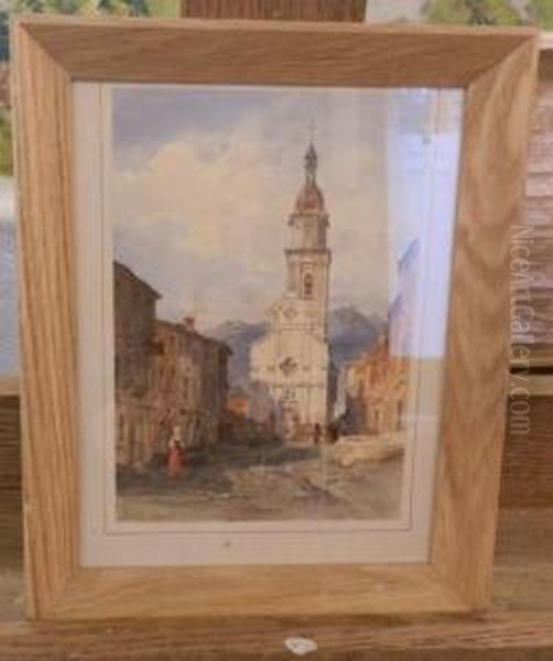 Place De L'eglise, Dans Village A La Montagne Oil Painting by Pierre Justin Ouvrie