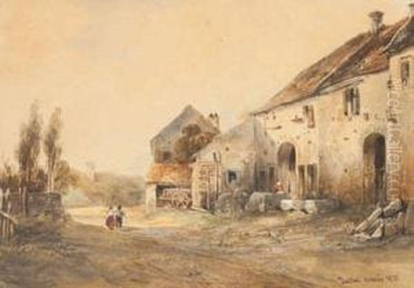 Vue D'une Cour De Ferme Oil Painting by Pierre Justin Ouvrie