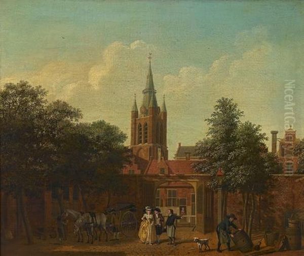 A Courtyard In Delft With The Oude Kerk Beyond Oil Painting by Isaak Ouwater