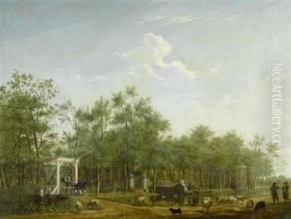 Dutch River Landscape With Coach, Herdsmen And Animals Oil Painting by Isaak Ouwater