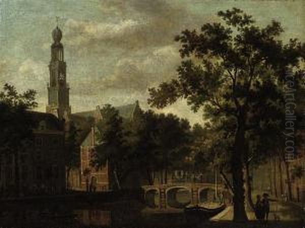 A Dutch Canal Landscape With A Carriage Crossing A Bridge Oil Painting by Isaak Ouwater