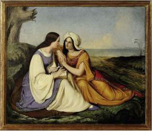 Two Women Conversing In A Landscape Oil Painting by Johann Friedrich Overbeck