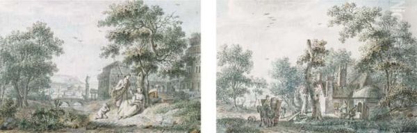 A Fisherman And Other Figures Resting By A Tree, A View Of A Citybeyond; And Peasants Outside A Farmstead Among Trees, A Figure Withhorse And Wagon On A Path Nearby Oil Painting by Leendert Overbeek