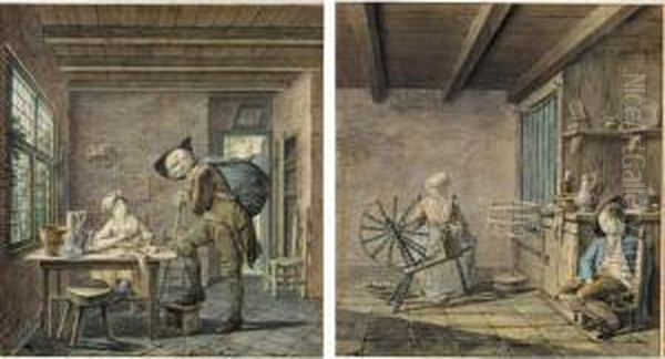 A Pair Of Domestic Interiors: A Woman Spinning Wool With A Sleeping Boy, And A Visiting Tinker Oil Painting by Leendert Overbeek