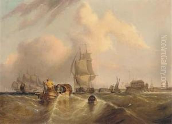 Shipping Off Calais Oil Painting by F. Overton