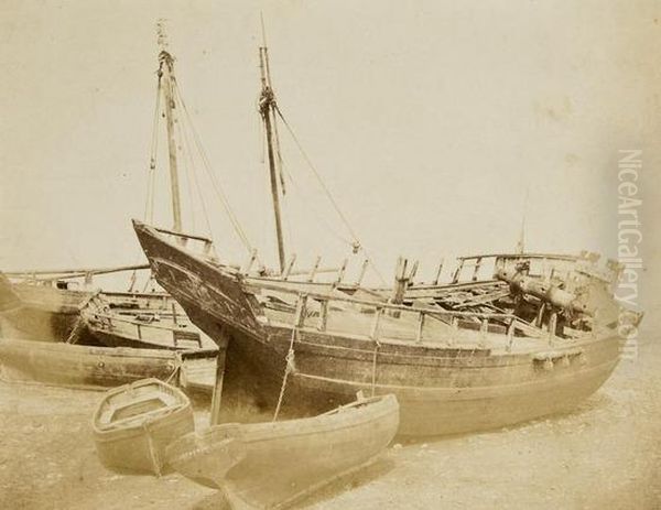 Ships Drawn Up On A Beach Oil Painting by Hugh Owen