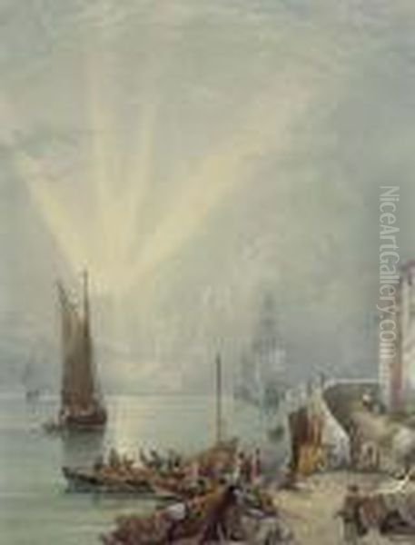 Fishermen In A Continental Harbour At The End Of The Day With Warships Lying At Anchor Beyond by Samuel Owen