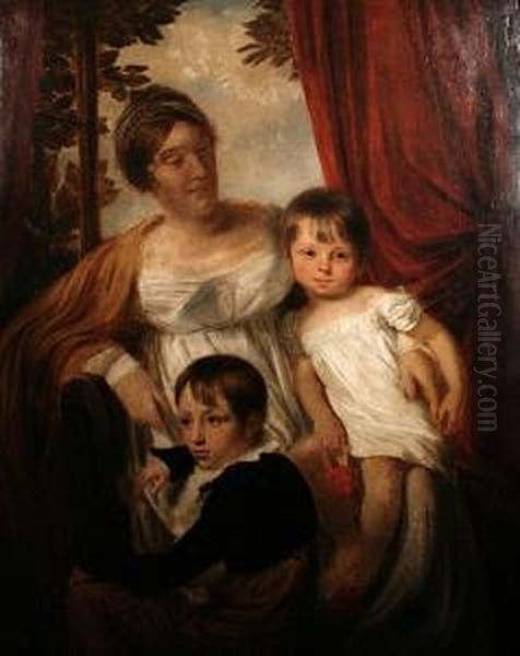 Portrait Of Mrs Harrison With Her Sons,frederick And William, Three-quarter Length, Seated Before An Openwindow Oil Painting by William Owen