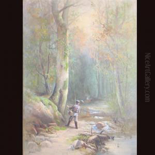 Landscape Scene Depicting A Fly Fisherman Neara Stream Oil Painting by Thomas Oxley Miller