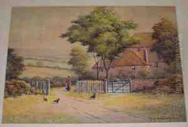 Lady Before A Cottage On A Pathway Oil Painting by George Oyston