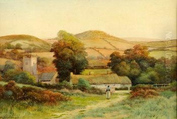 A Kentish Pastoral, Village With Figure On A Pathway Oil Painting by George Oyston