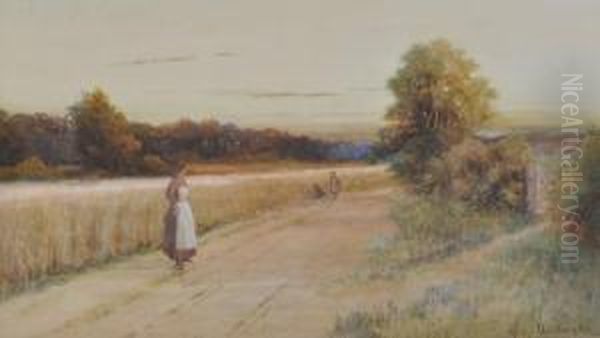 Woman And Children By A Devon Cornfield Oil Painting by George Oyston