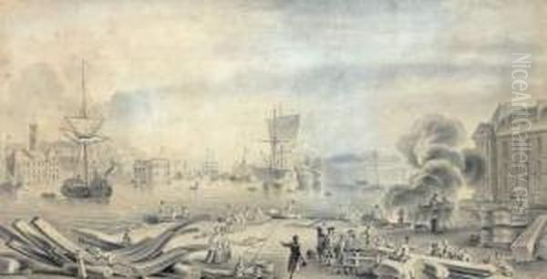 Vue Animee Du Port De Brest Oil Painting by Nicolas Marie Ozanne