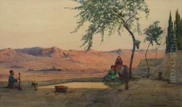 'gulaher' Arab Smokers By A Pool Oil Painting by Peter MacGregor Wilson