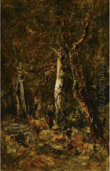 Forest Landscape With Figure Oil Painting by Laszlo Paal