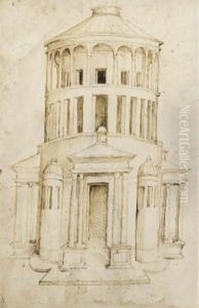 A Circular Basilica With Frontal And Lateral Porticals And Convexchapels In Between (recto); A Standing Woman In An Elaborate Dress,seen From The Side (verso) Oil Painting by Pseudo Pacchia