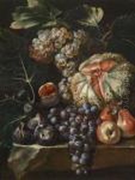 A Still Life With Fruit On A Stone Parapet Oil Painting by Michele Pace Del (Michelangelo di) Campidoglio