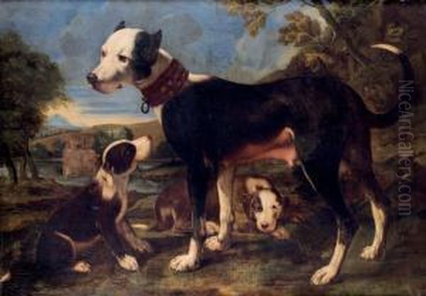 Une Chienne Et Ses Petits Sur Fond De Paysage Oil Painting by Michele Pace Del (Michelangelo di) Campidoglio