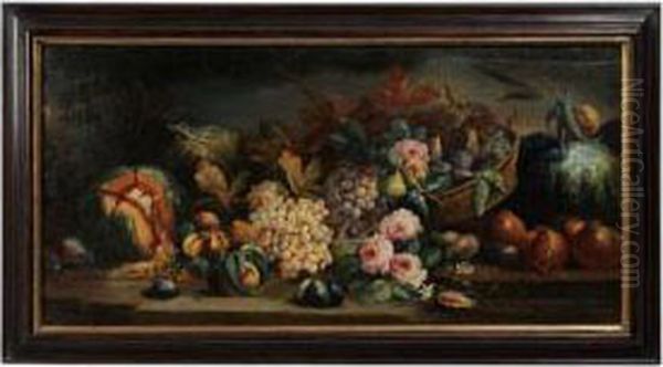 Still Life With Fruit In A Basket On A Ledge Oil Painting by Michele Pace Del (Michelangelo di) Campidoglio