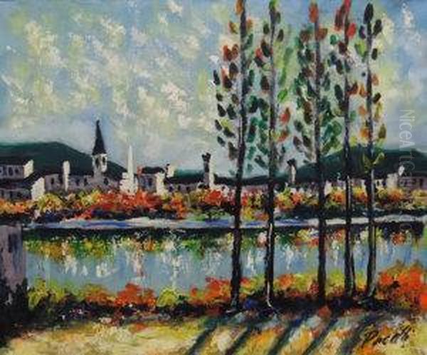 Town And Poplars Along A River Oil Painting by Michelangelo Pacetti