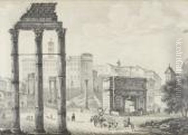 Vue Du Forum A Rome, Avec Les Vestiges Du Temple Des Dioscures Au Premier Plan Oil Painting by Michelangelo Pacetti