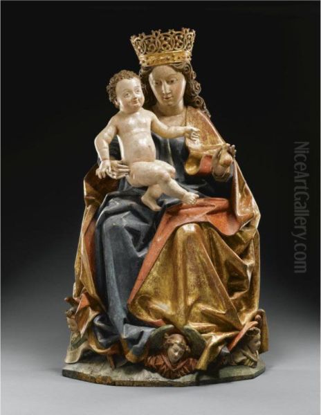 A Gilt And Painted Wood Three-quarter Length Limewood Relief Of Thevirgin And Child Oil Painting by Friedrich Pacher