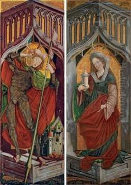 St Florian Of Lorch, Left Wing From An Alterpiece (interior); And Mary Magdalene, Right Wing From An Altarpiece (interior) Oil Painting by Friedrich Pacher