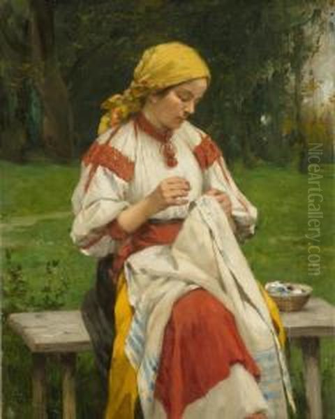 Woman Embroidering Oil Painting by Cornelia Paczka-Wagner