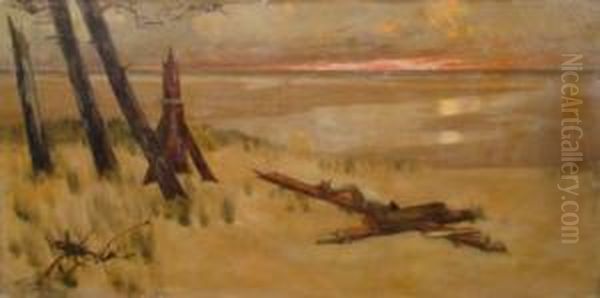 Jesus On A Fallen Cross, The Sea Beyond With The Sun Going Down On The Horizon Oil Painting by William Padgett