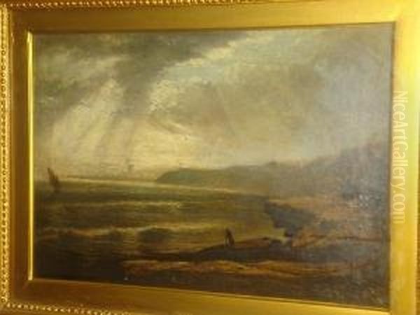 A Coastal Scene With Figure On The Shore, A Harbour And Estuary Beyond Oil Painting by William Pae