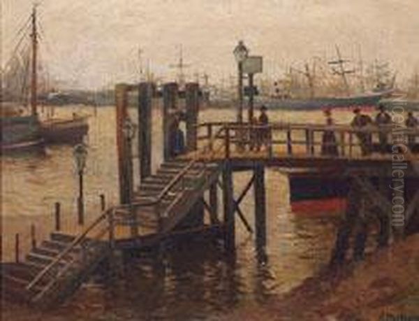 Landungsbrucke Mit Figuren Im Hamburger Hafen Oil Painting by Arthur Paetzold