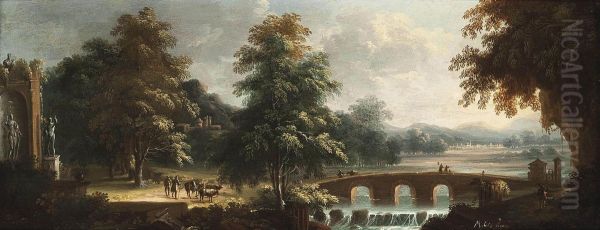 A Wooded River Landscape With Drovers And Their Herd Beside Classical Ruins And Travellers Crossing A Bridge Oil Painting by Michele Pagano