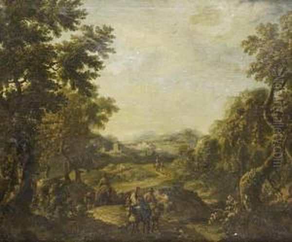 A Wooded Landscape With Peasants On Theirmules Travelling On A Country Path Oil Painting by Michele Pagano