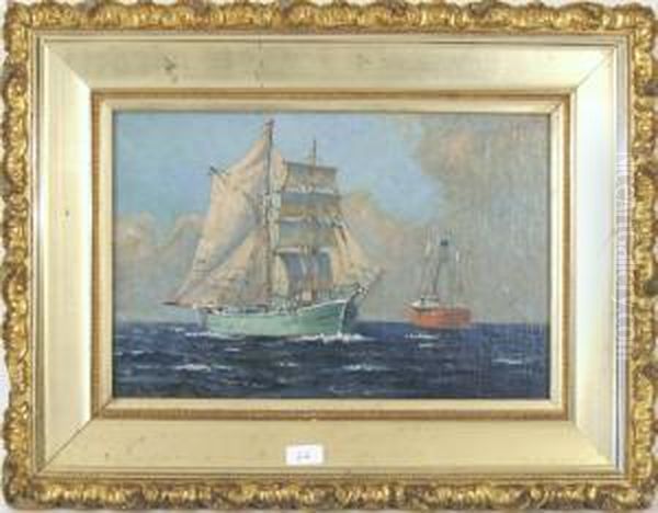 Marine Scene With Square Riggedship And Weather Ship Oil Painting by Edward A. Page