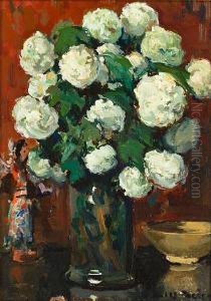 Still Life With Pink An Yellow Roses In A Vase; Still Life With White Flowers In A Vase (a Pair) Oil Painting by Jules Eugene Pages