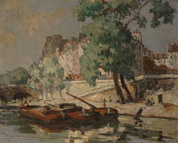 View Of Ile St. Louis From The Seine, Paris Oil Painting by Jules Eugene Pages