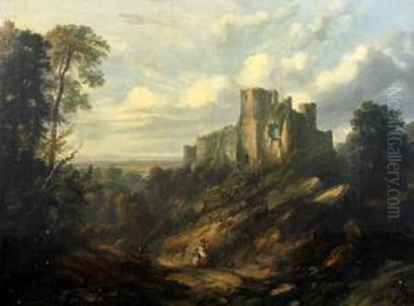 Extensive Landscape With Figures On An Uplandtrack Before A Ruined Castle Oil Painting by Sidney Edward Paget