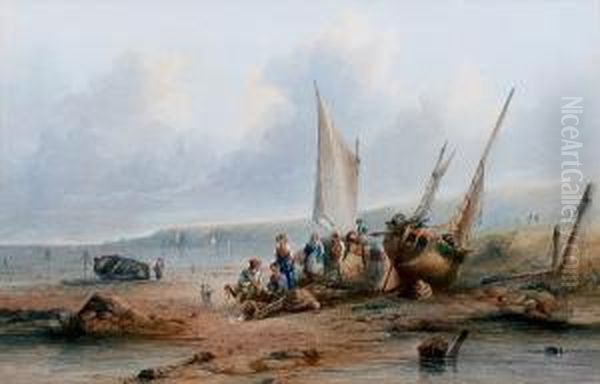 Fisher Folk By Beached Boats, Signed Oil Painting by Sidney Edward Paget