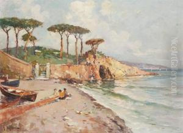 Mediterranean Coastal View With Figures Oil Painting by Arturo Pagliai