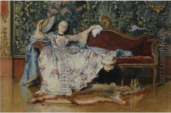 A Reclining Lady With A Fan Oil Painting by Eleuterio Pagliano