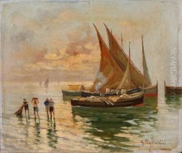 Marina Con Pescatori Oil Painting by Giovanni Pagliarini