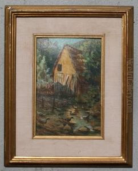 Cottage By A Stream With Ducks: Oil Painting by Ferruccio Pagni