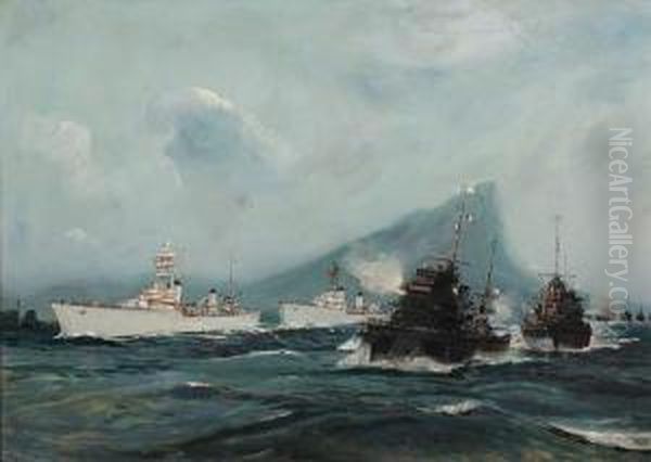 A French Convoy Off Gibraltar Oil Painting by Jean-Louis Paguenaud