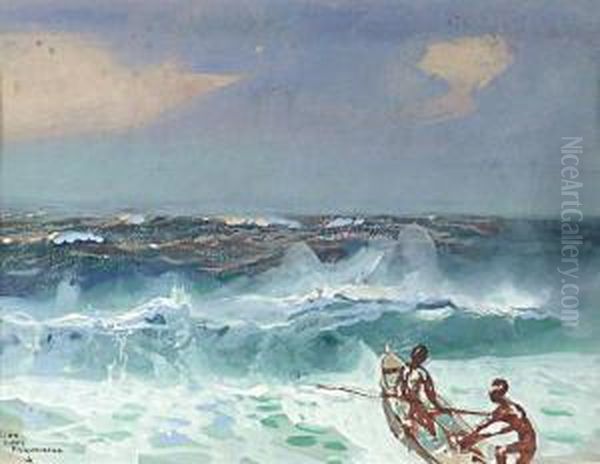 Piroguiers Dans Les Brisants, Polynesie by Jean-Louis Paguenaud