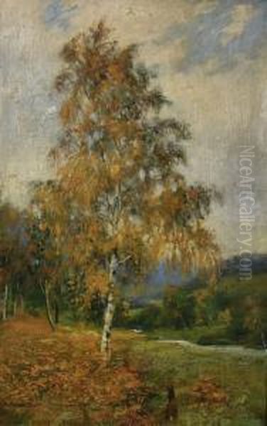 Autumn Landscape With A Silver Birchtree And Rabbit To Foreground Oil Painting by Philip Stuart Paice