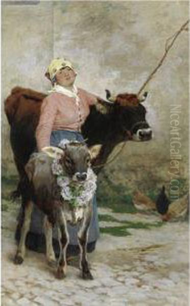 Fanciulla Con Mucca E Vitello Oil Painting by Pietro Pajetta