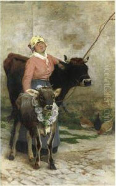 Fanciulla Con Mucca E Vitello Oil Painting by Pietro Pajetta