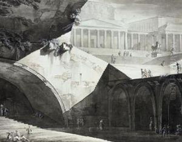 An Architectural Capriccio: Figures In The Vaults And On The Stepsof A Domed Palace Oil Painting by Pelagio Palagi