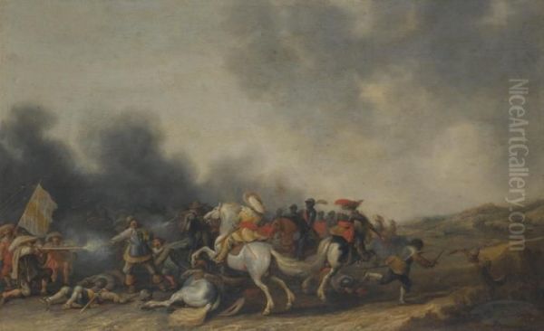 A Cavalry Skirmish Oil Painting by Palamedes Palamedesz. (Stevaerts, Stevens)