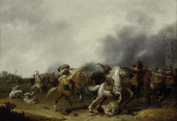 A Cavalry Skirmish Oil Painting by Palamedes Palamedesz. (Stevaerts, Stevens)